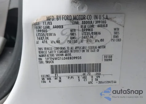 2004 Ford F-250 Lariat/Xl/Xlt из США, поврежденный, VIN 1FTNW21L04EB39935